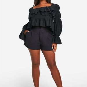 Boohoo Black Ruffled Plus Textured Ruffle Peplum Top size 14